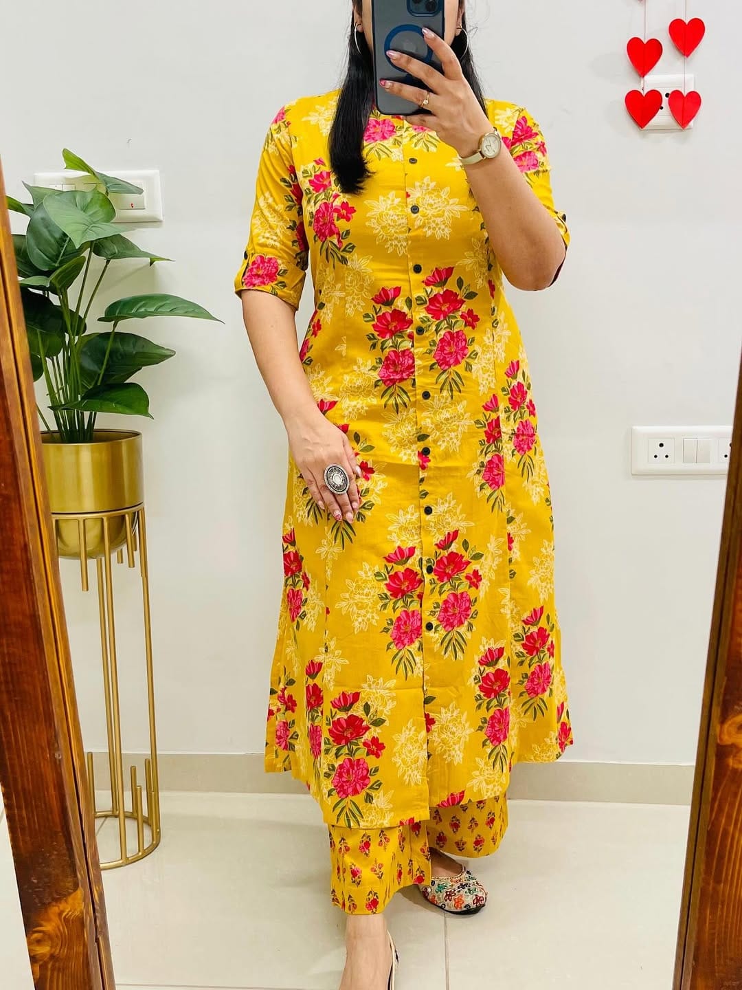 Yellow Sardar Floral Cotton Kurti Pant Set