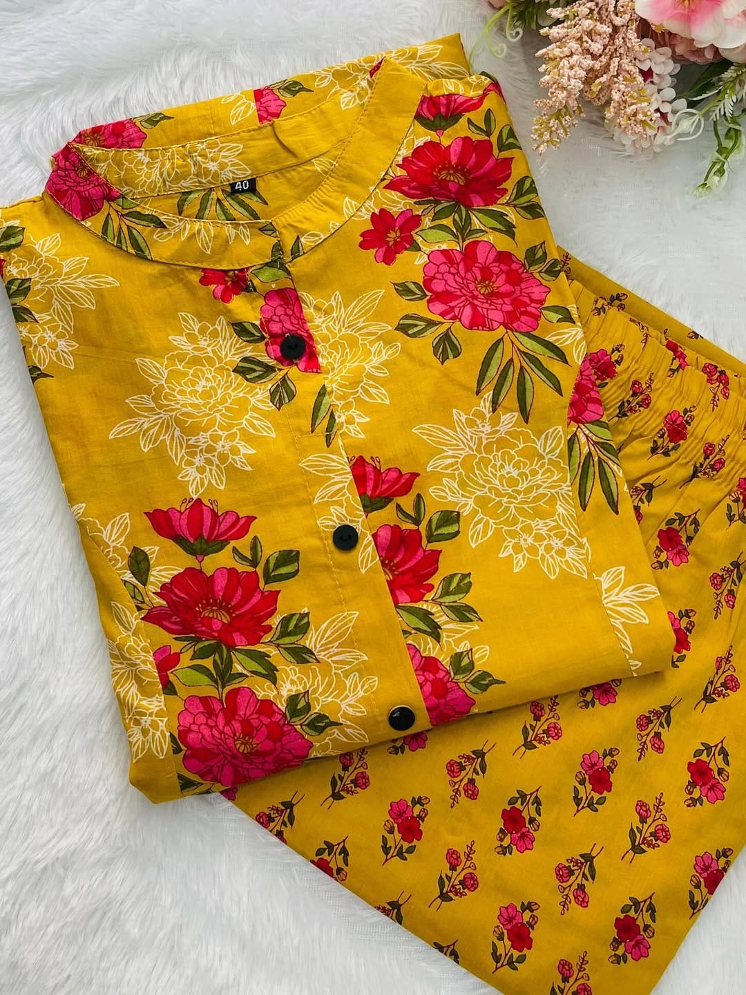 Yellow Sardar Floral Cotton Kurti Pant Set