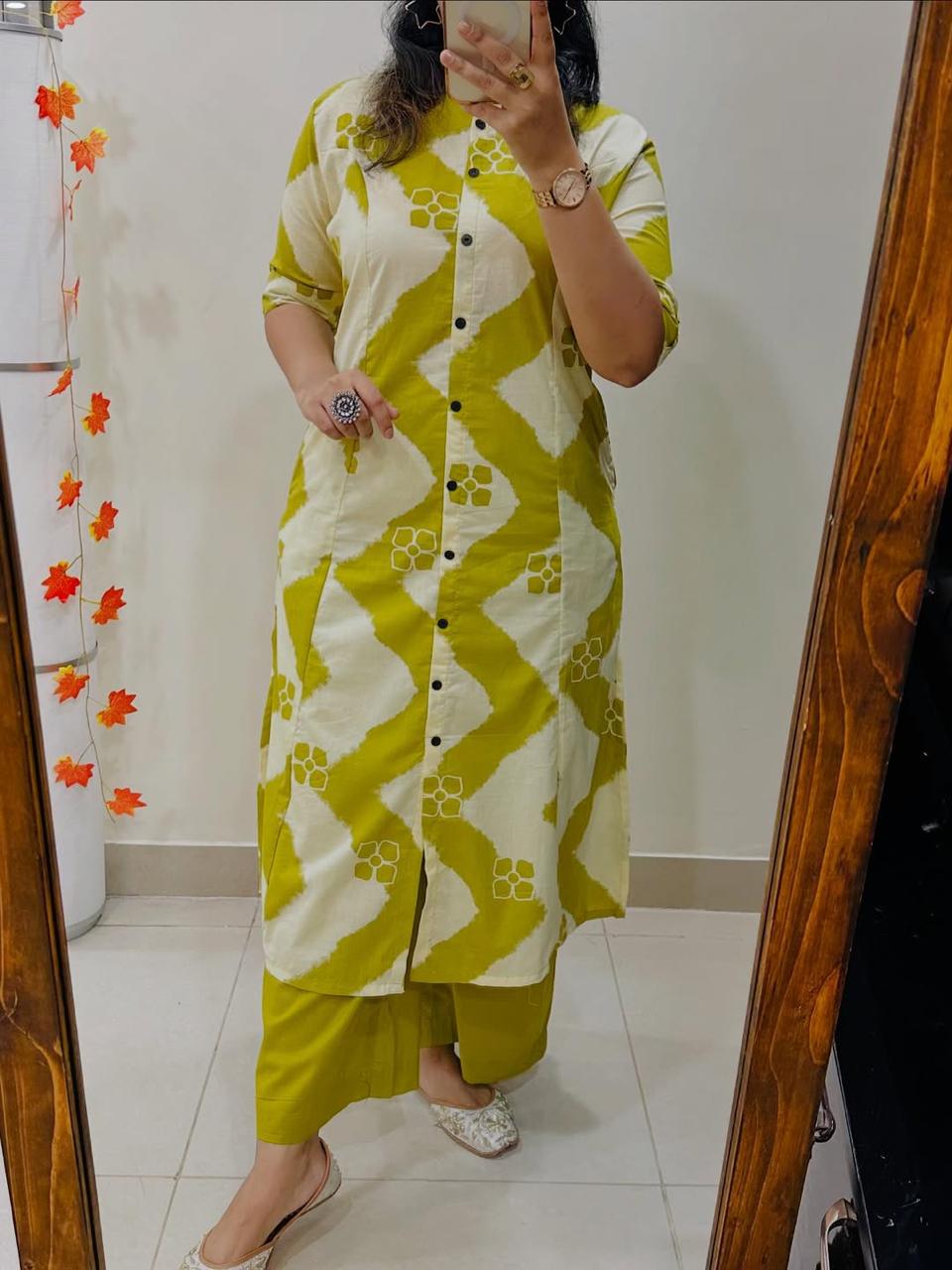 Sunlit Chevron Zigzag Cotton Kurti Pant Set