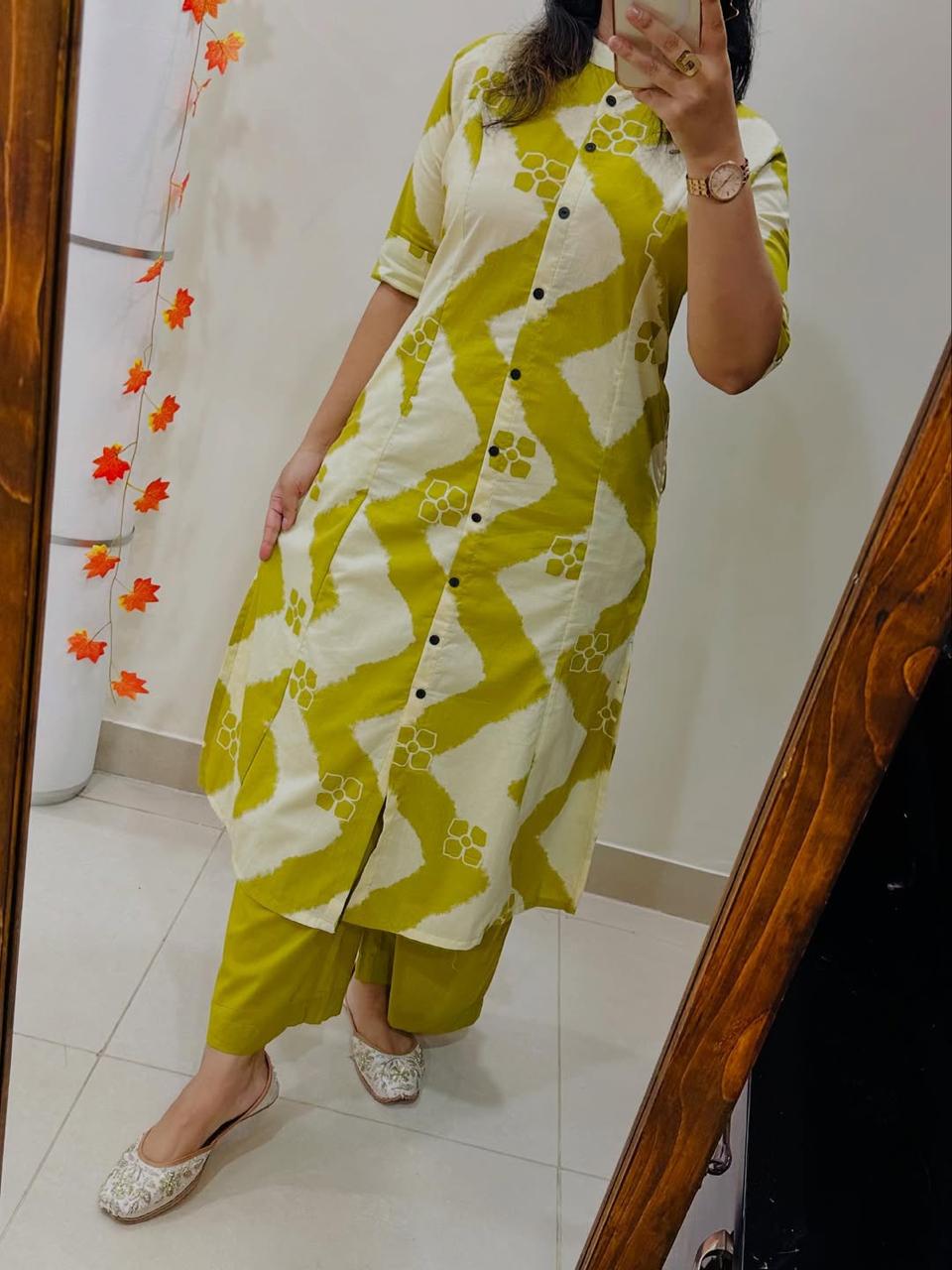 Sunlit Chevron Zigzag Cotton Kurti Pant Set