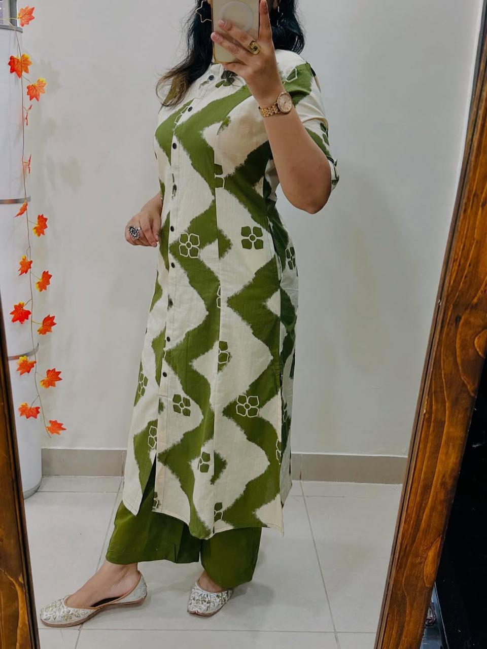 Olive Wave Zigzag Cotton Kurti Pant Set