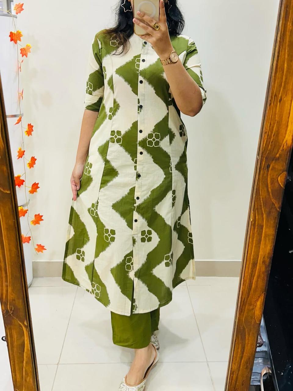 Olive Wave Zigzag Cotton Kurti Pant Set