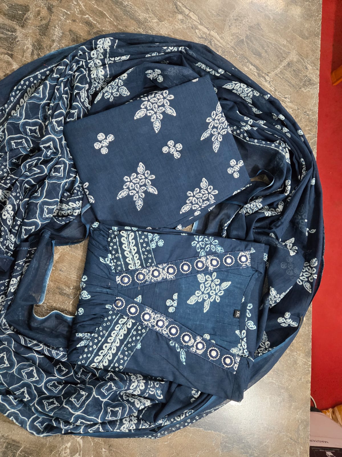 Indigo Noor Mirror Embroidered Anarkali Kurti Palazzo Dupatta Set