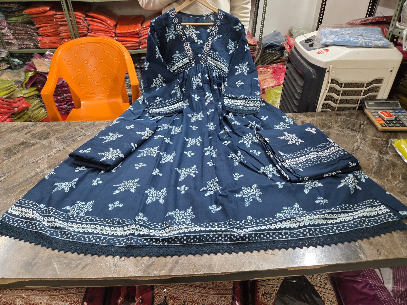 Indigo Noor Mirror Embroidered Anarkali Kurti Palazzo Dupatta Set