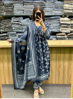 Indigo Noor Mirror Embroidered Anarkali Kurti Palazzo Dupatta Set