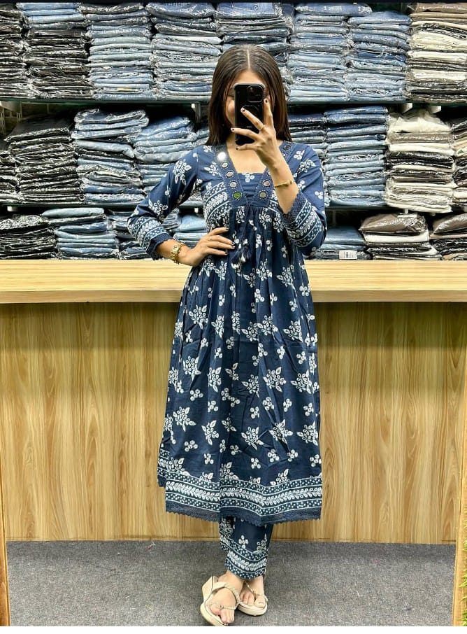 Indigo Noor Mirror Embroidered Anarkali Kurti Palazzo Dupatta Set