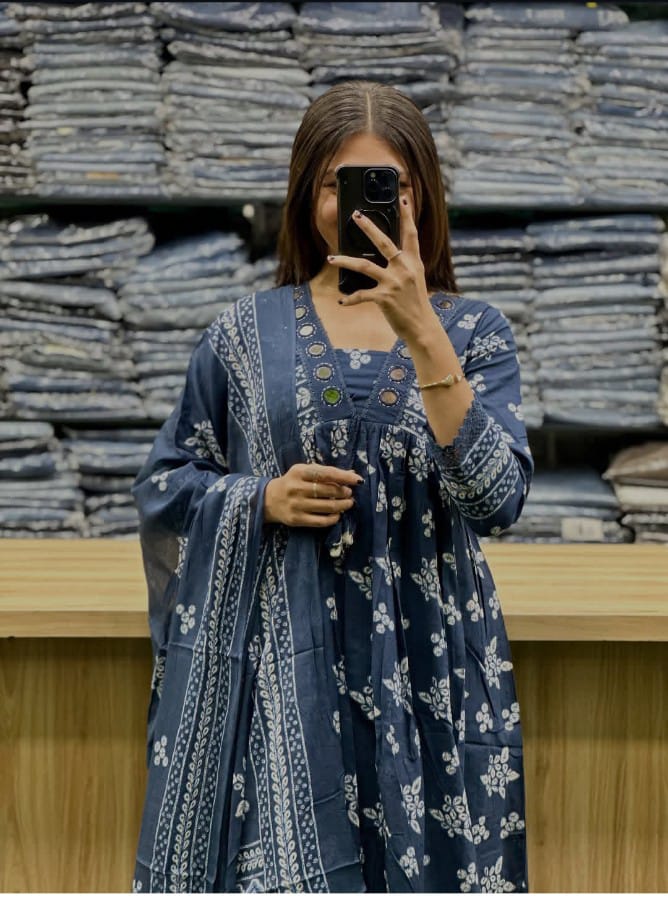 Indigo Noor Mirror Embroidered Anarkali Kurti Palazzo Dupatta Set