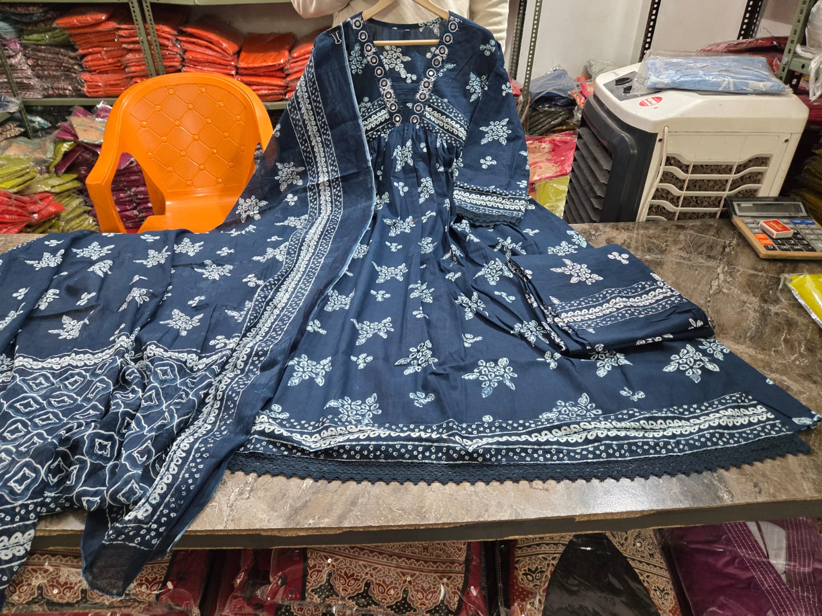 Indigo Noor Mirror Embroidered Anarkali Kurti Palazzo Dupatta Set