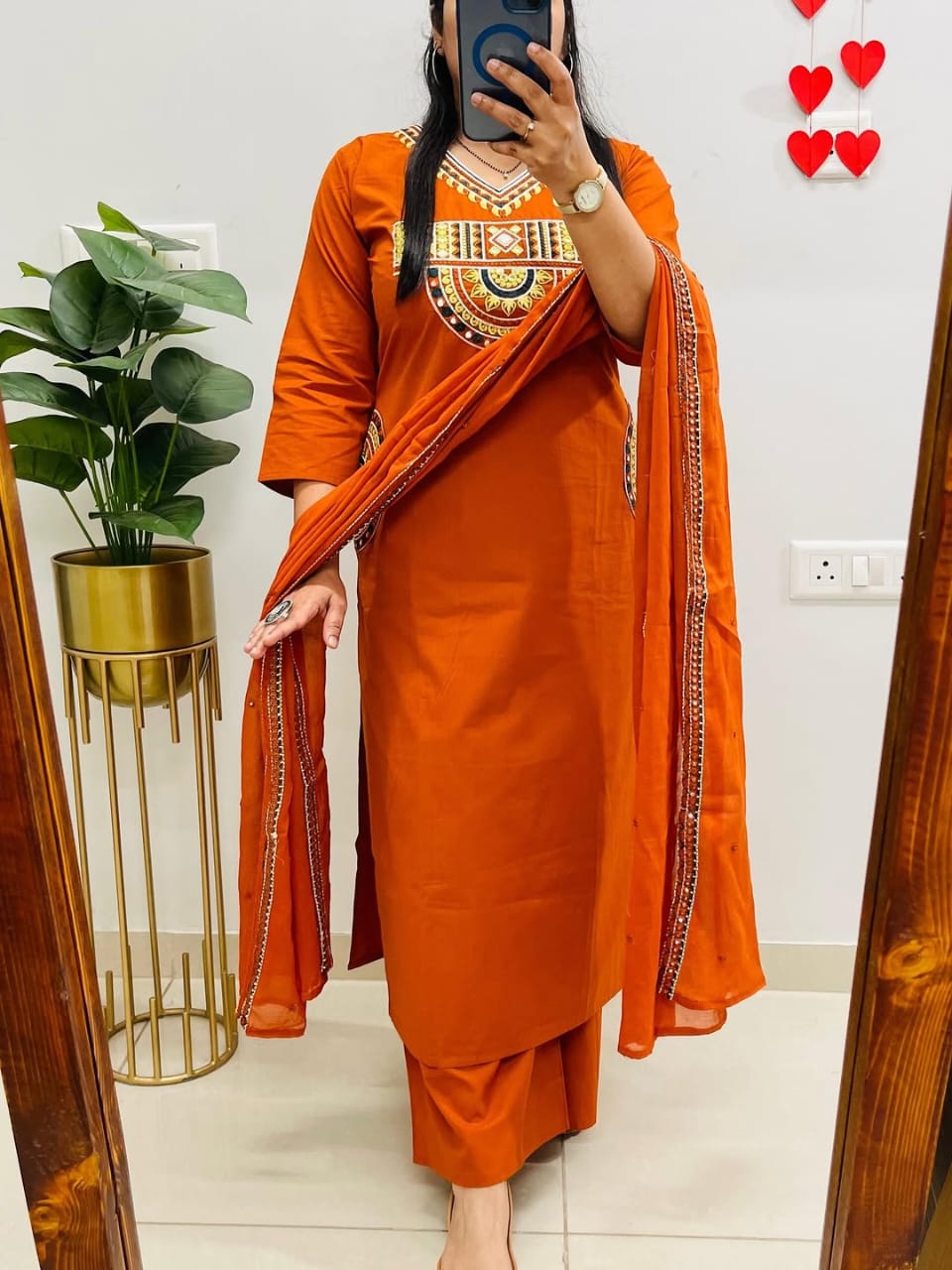 Rust Royale Embroidered Cotton Kurti Pant Dupatta Set