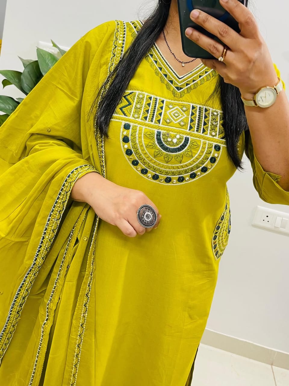 Rust Royale Embroidered Cotton Kurti Pant Dupatta Set