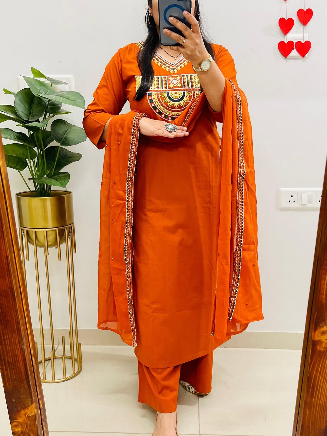 Rust Royale Embroidered Cotton Kurti Pant Dupatta Set