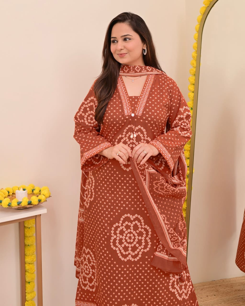 Mehroon Bandhej Grace Kurti Palazzo Dupatta Set