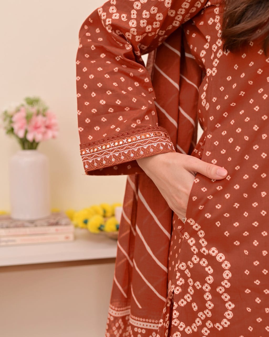 Mehroon Bandhej Grace Kurti Palazzo Dupatta Set