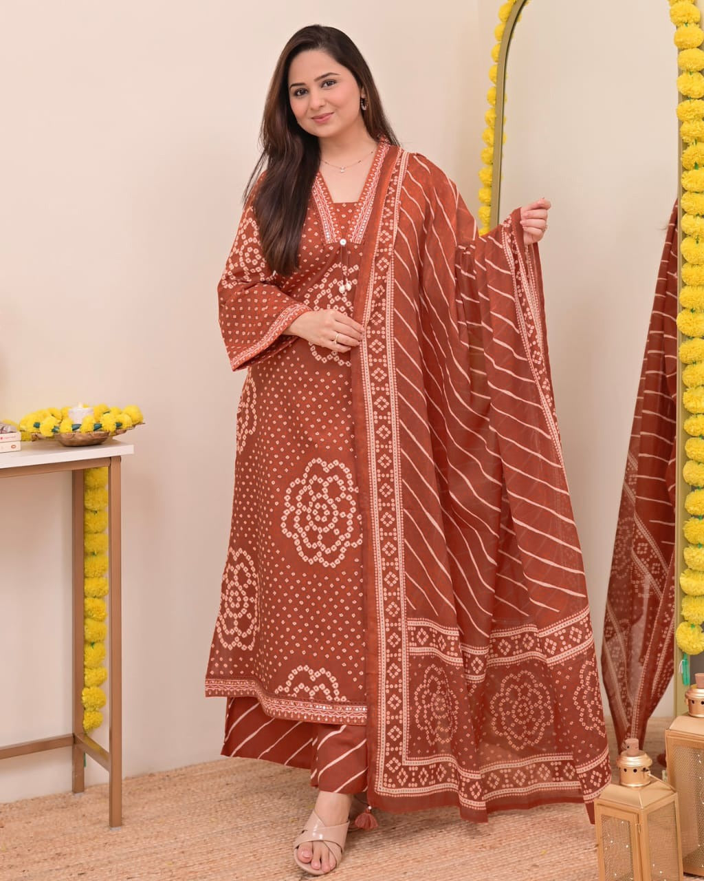 Mehroon Bandhej Grace Kurti Palazzo Dupatta Set