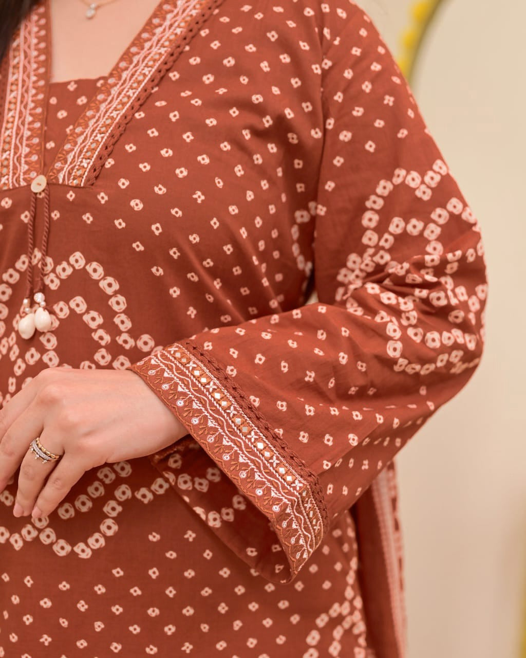 Mehroon Bandhej Grace Kurti Palazzo Dupatta Set