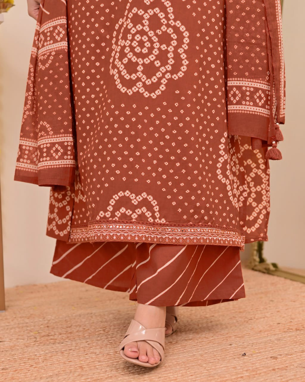Mehroon Bandhej Grace Kurti Palazzo Dupatta Set