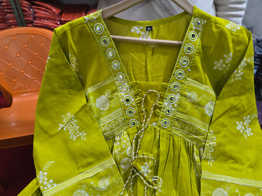 Lime Noor Mirror Embroidered Anarkali Kurti Palazzo Dupatta Set