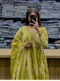 Lime Noor Mirror Embroidered Anarkali Kurti Palazzo Dupatta Set