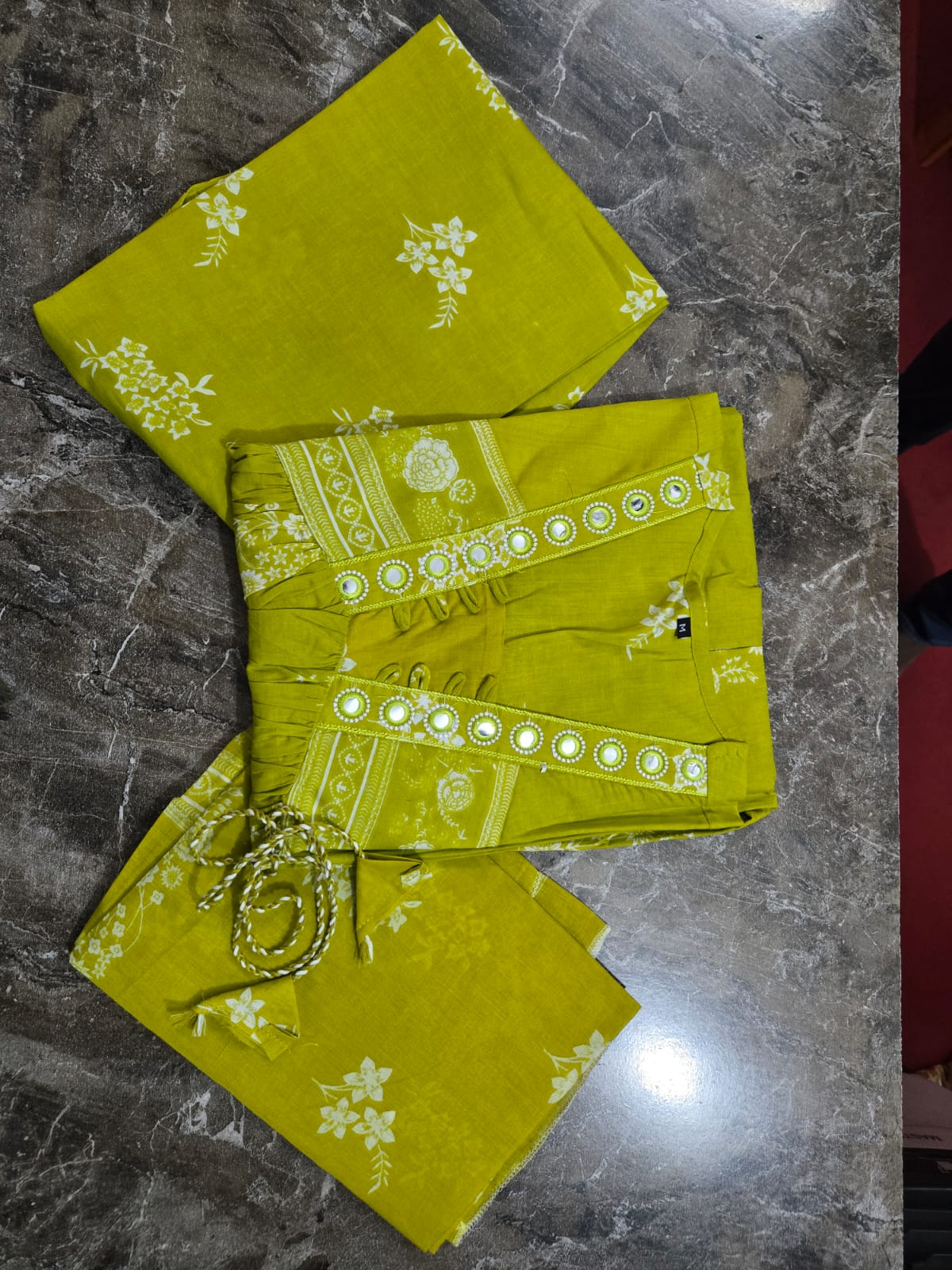 Lime Noor Mirror Embroidered Anarkali Kurti Palazzo Dupatta Set