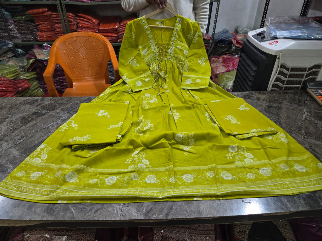 Lime Noor Mirror Embroidered Anarkali Kurti Palazzo Dupatta Set