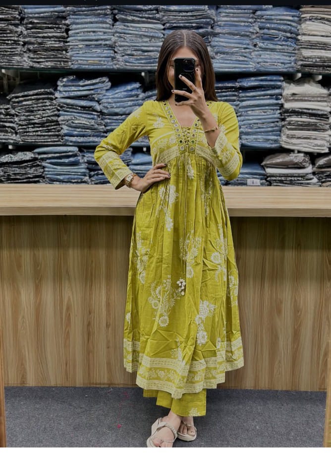 Lime Noor Mirror Embroidered Anarkali Kurti Palazzo Dupatta Set