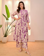 Purple Flora Pintex A-Line Cotton Kurta Pant Set