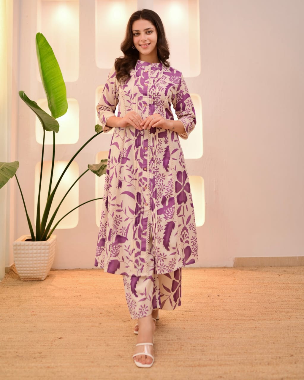 Purple Flora Pintex A-Line Cotton Kurta Pant Set