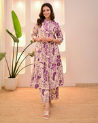 Purple Flora Pintex A-Line Cotton Kurta Pant Set