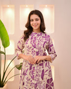 Purple Flora Pintex A-Line Cotton Kurta Pant Set