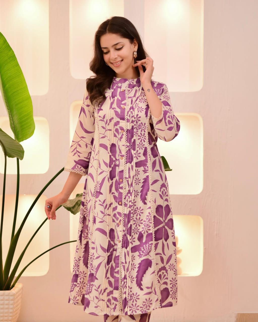 Purple Flora Pintex A-Line Cotton Kurta Pant Set