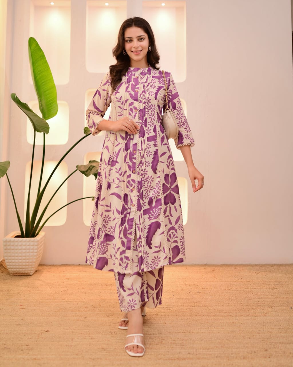Purple Flora Pintex A-Line Cotton Kurta Pant Set