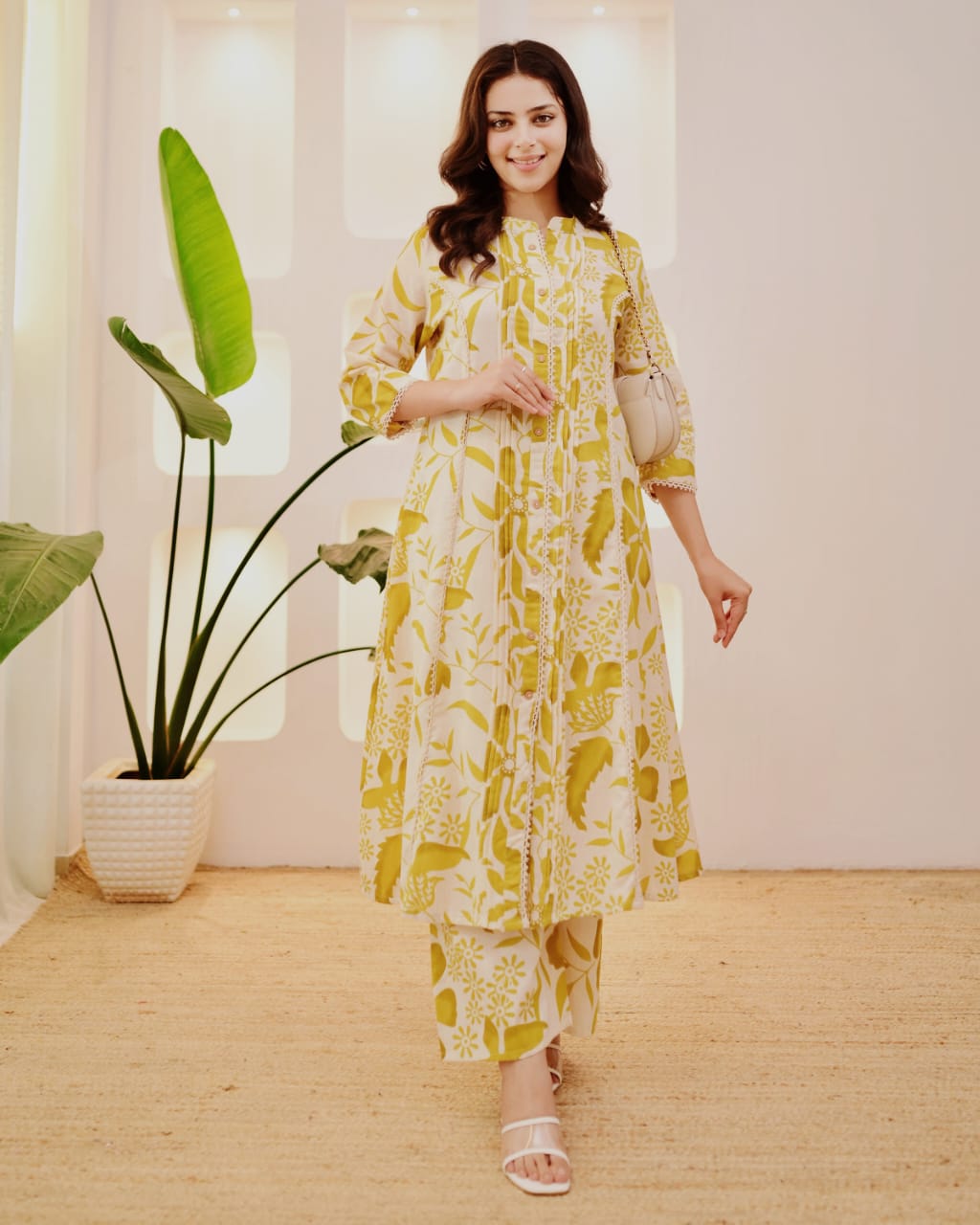 Flora Pintuck A-Line Cotton Kurta Pant Set – Mustard Bloom