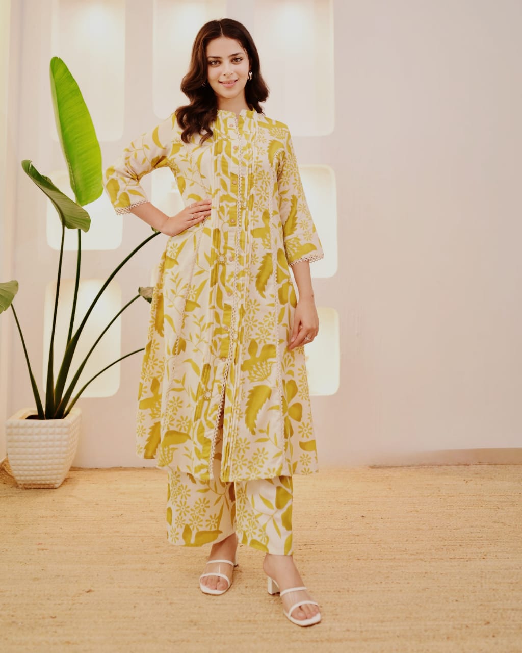 Flora Pintuck A-Line Cotton Kurta Pant Set – Mustard Bloom