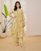 Flora Pintuck A-Line Cotton Kurta Pant Set – Mustard Bloom