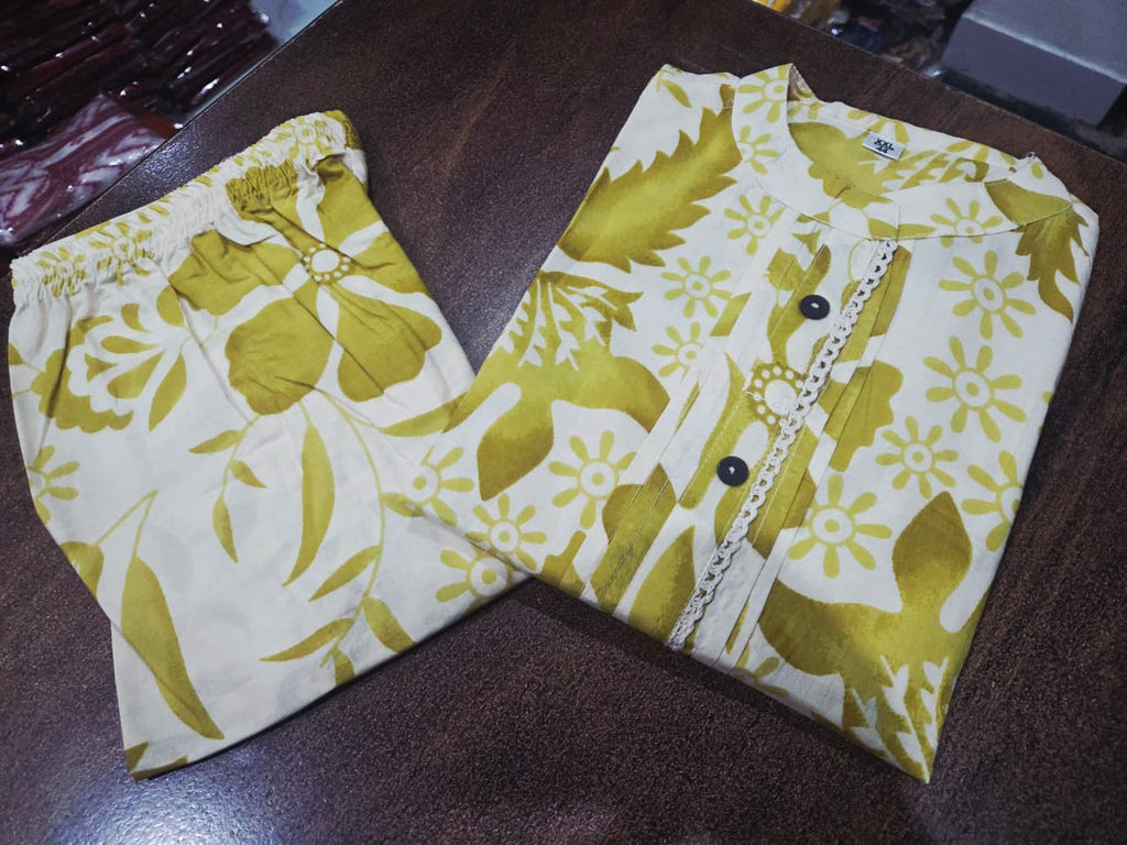Flora Pintuck A-Line Cotton Kurta Pant Set – Mustard Bloom