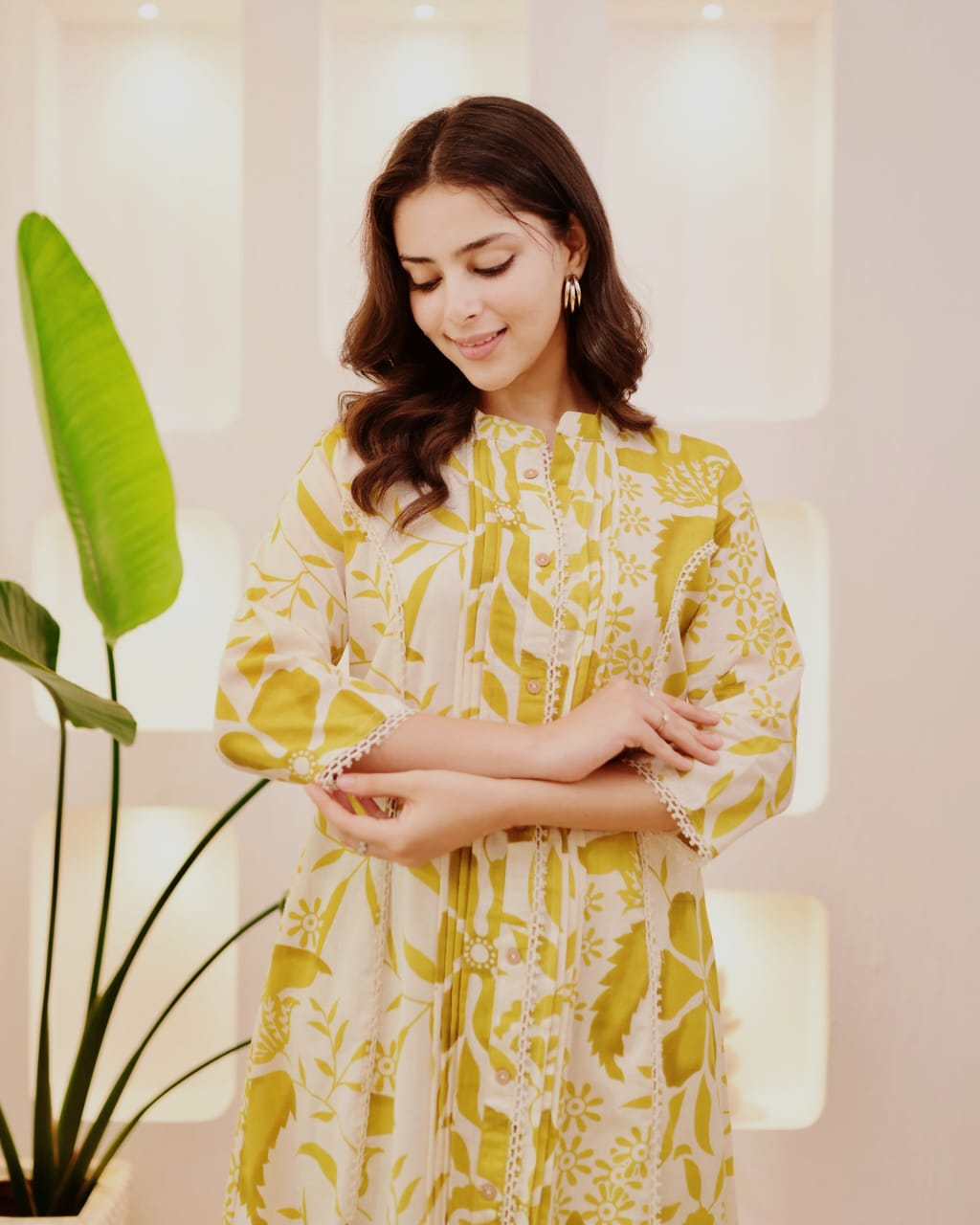 Flora Pintuck A-Line Cotton Kurta Pant Set – Mustard Bloom