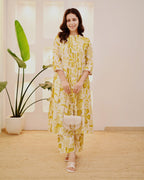 Flora Pintuck A-Line Cotton Kurta Pant Set – Mustard Bloom