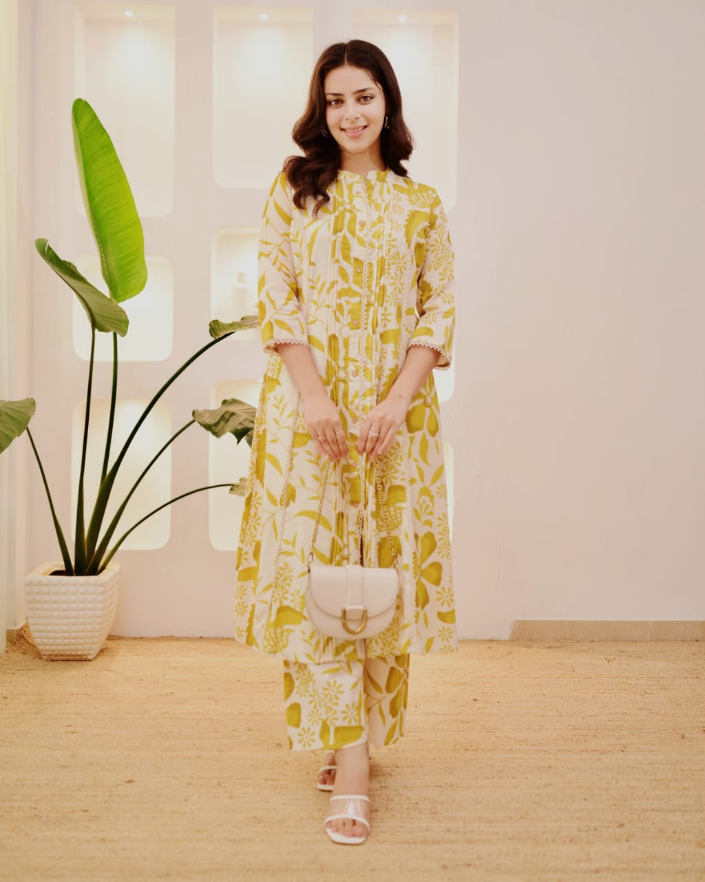 Flora Pintuck A-Line Cotton Kurta Pant Set – Mustard Bloom