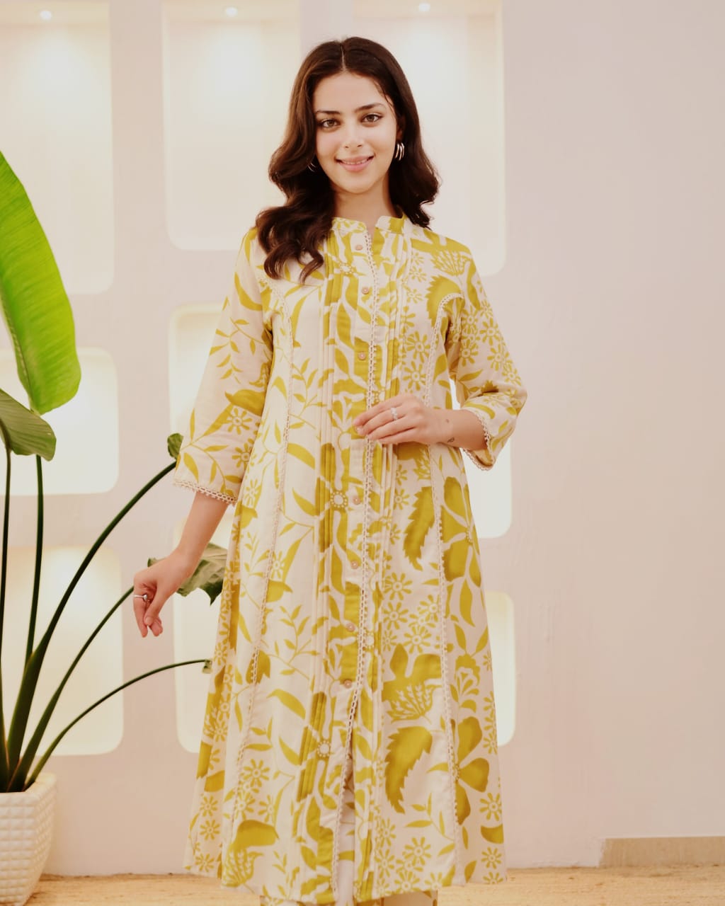 Flora Pintuck A-Line Cotton Kurta Pant Set – Mustard Bloom