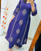 Royal Indigo Handblock Cotton Kurti Palazzo Set