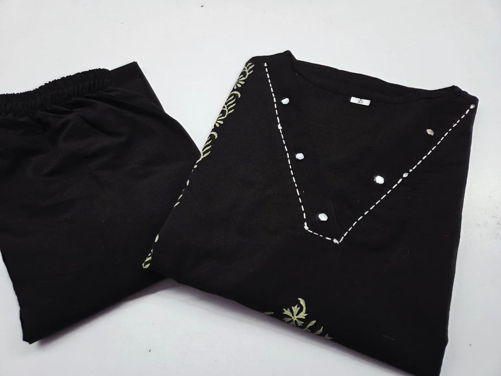 Midnight Bloom Handblock Cotton Kurti Pant Set