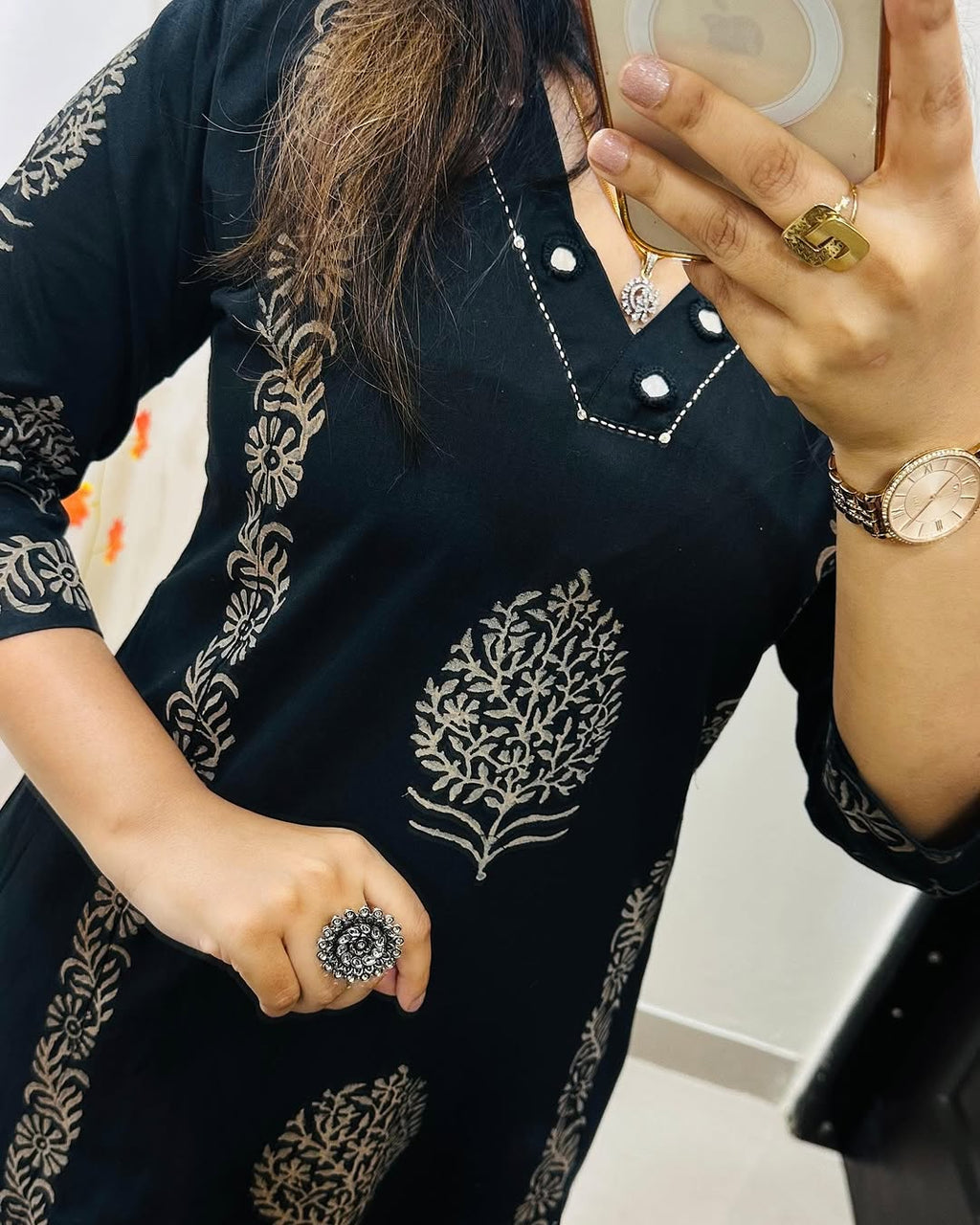 Midnight Bloom Handblock Cotton Kurti Pant Set