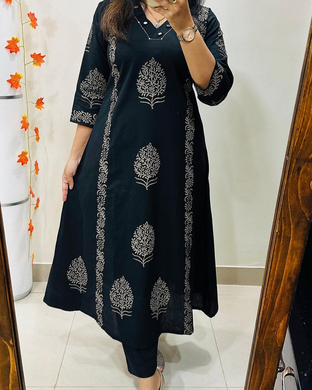 Midnight Bloom Handblock Cotton Kurti Pant Set