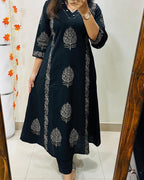 Midnight Bloom Handblock Cotton Kurti Pant Set