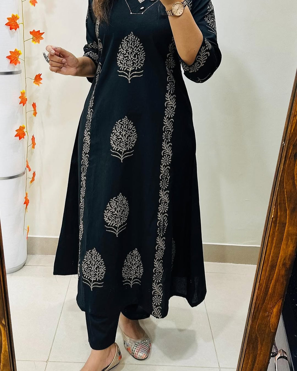 Midnight Bloom Handblock Cotton Kurti Pant Set