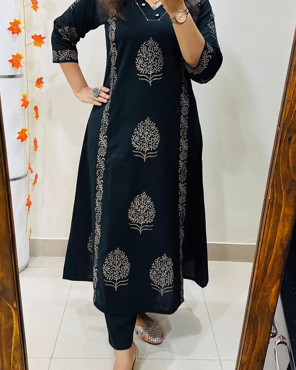 Midnight Bloom Handblock Cotton Kurti Pant Set