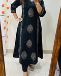 Midnight Bloom Handblock Cotton Kurti Pant Set