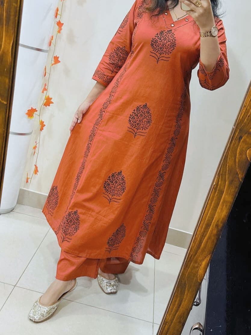 Rust Aura Handblock Cotton Kurti Pant Set