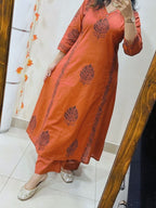 Rust Aura Handblock Cotton Kurti Pant Set