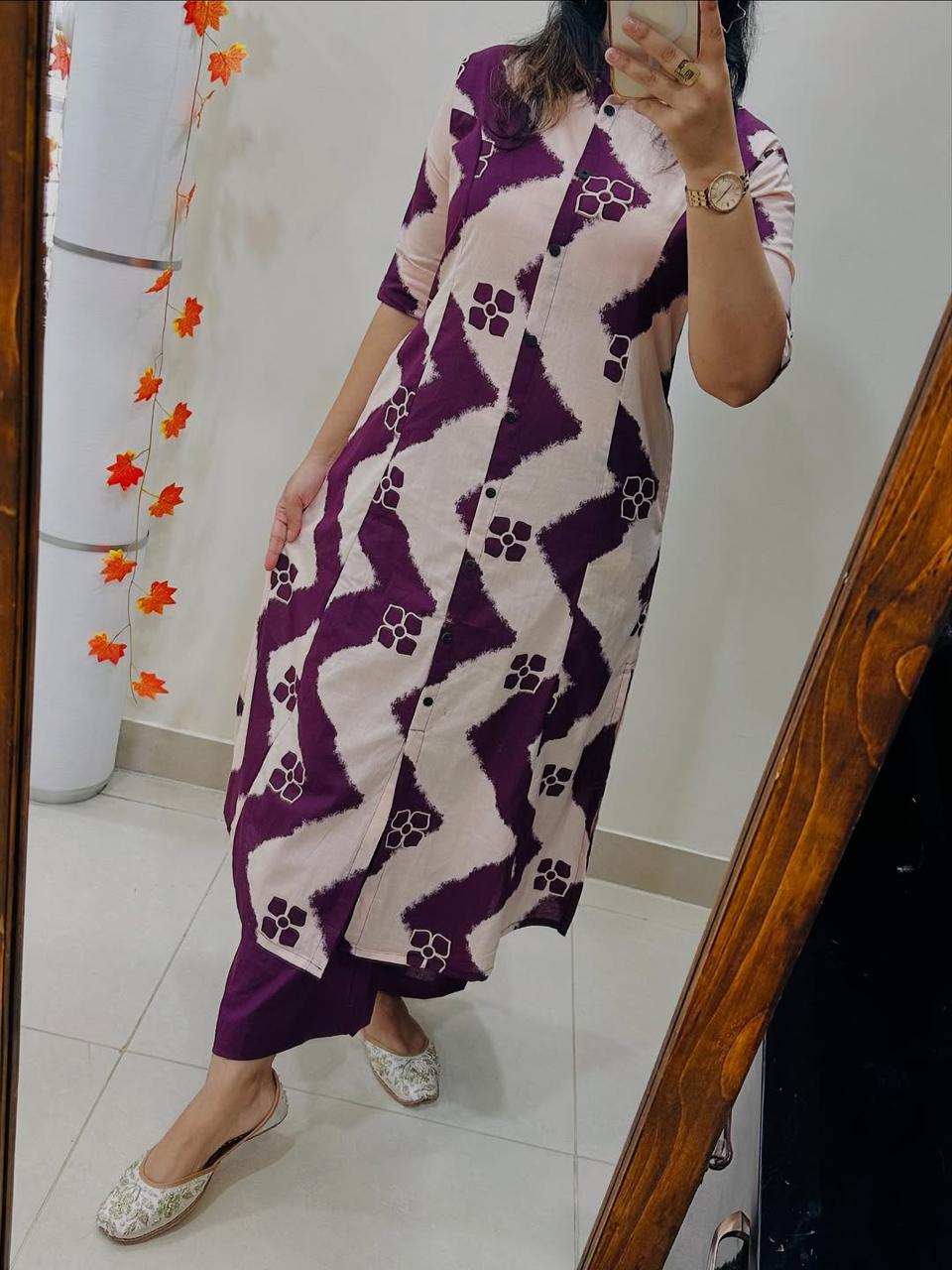 Plum Rhythm Zigzag Cotton Kurti Pant Set